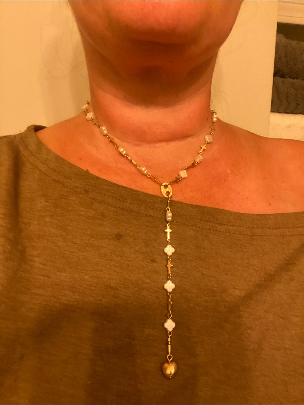 Princess Polly Gold and White Rosary Lariat Necklace